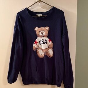 Mighty Fine Navy Sweater with Teddy Bear USA Motif